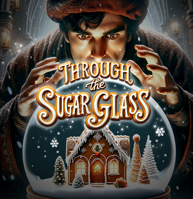 Through the Sugar Glass escape room at Quest Tavern Escape Room, featuring a magical candy village inside a glass globe with a mysterious character casting a spell