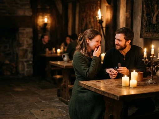 romantic escape room proposal experience in a candlelit medieval tavern setting